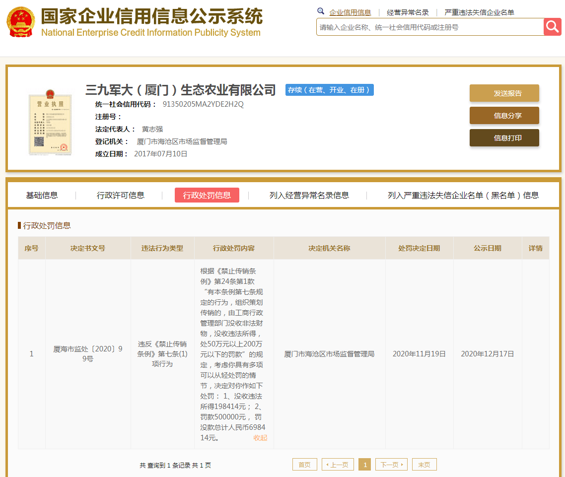 三亿体育|
三九军大(厦门)生态农业有限公司因涉嫌传销 被罚没70余万元(图3) 三亿体育|
三九军大(厦门)生态农业有限公司因涉嫌传销 被罚没70余万元(图3)